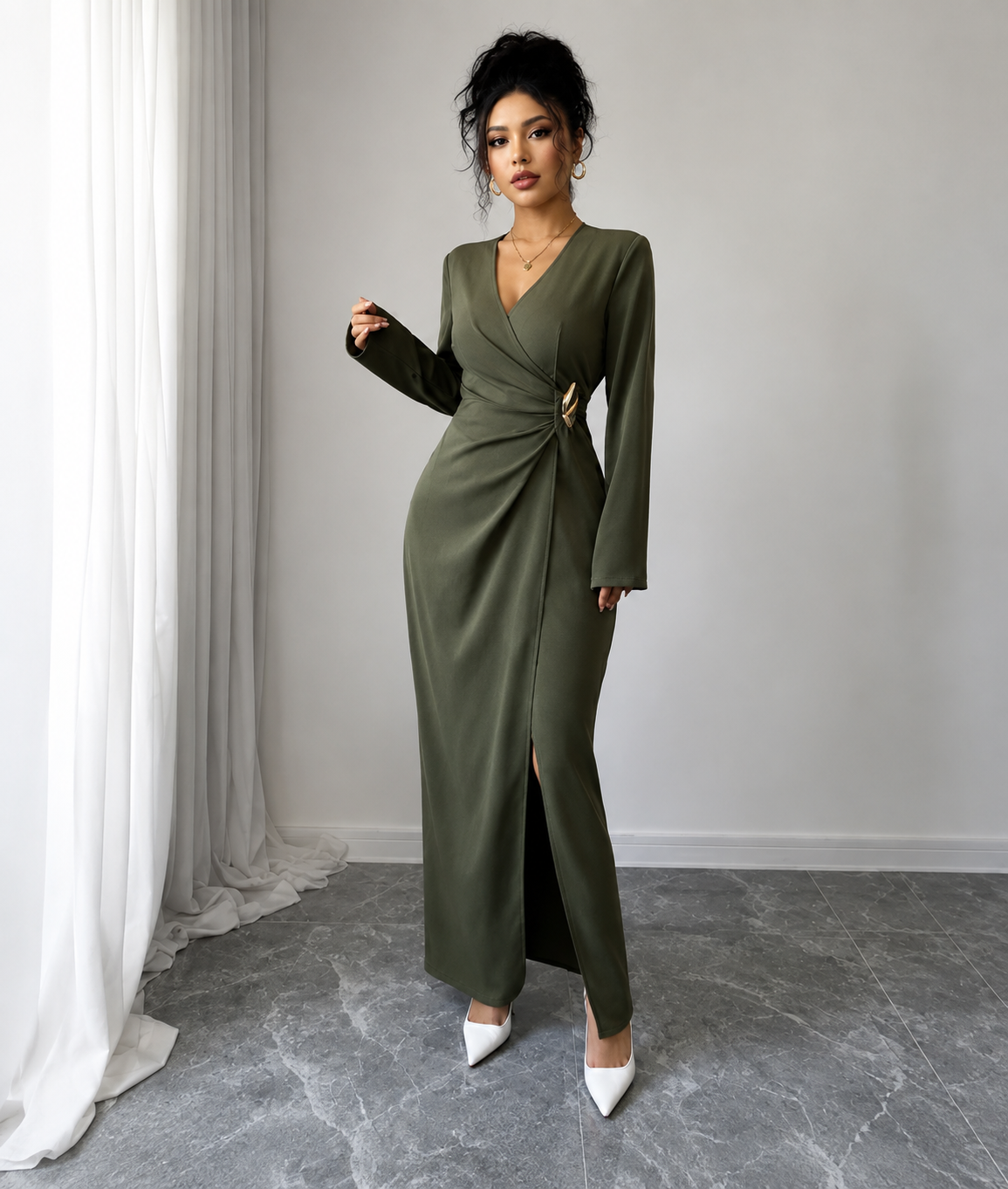 Olive V-Neck Long Sleeve Dress