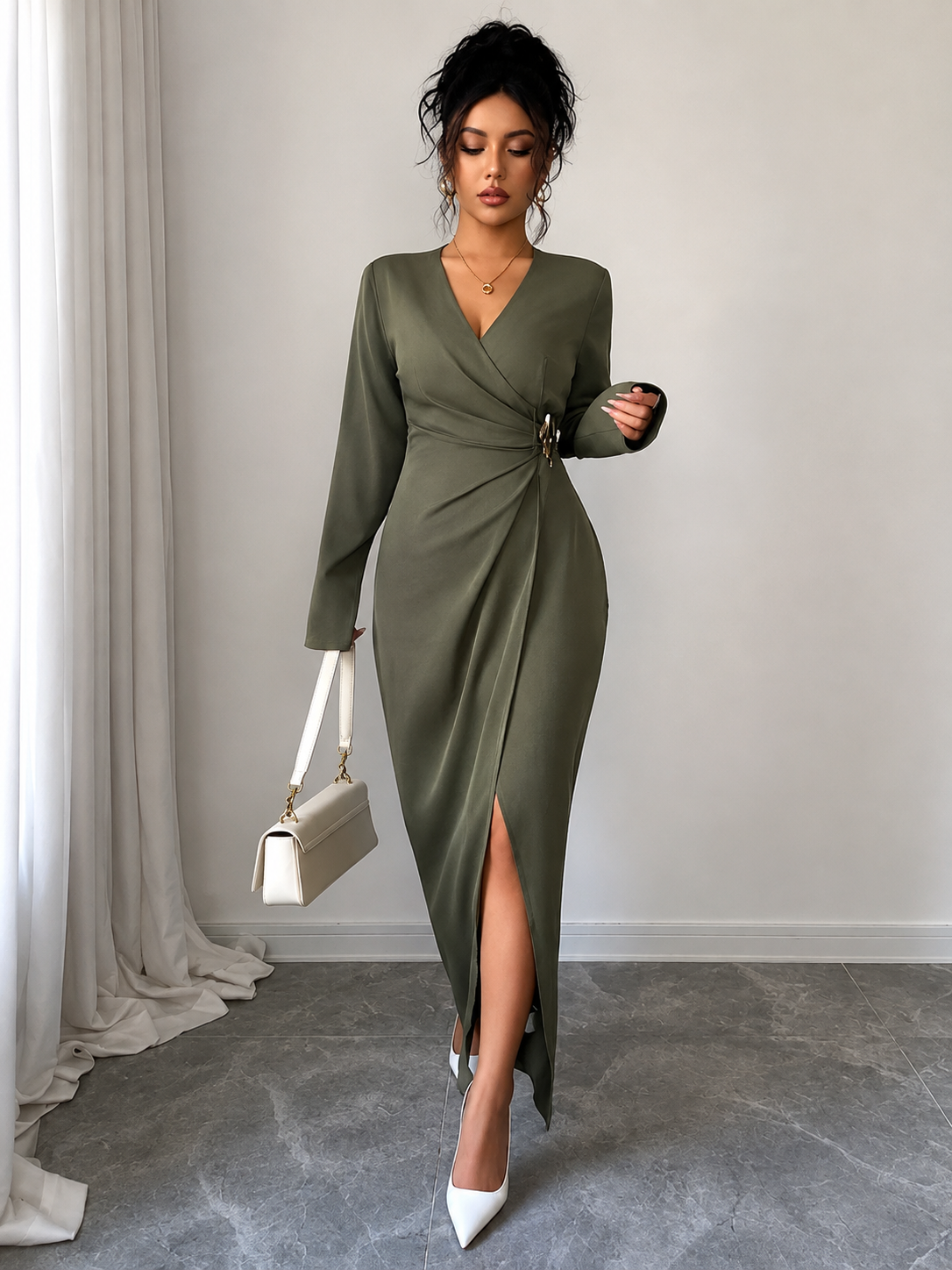 Olive V-Neck Long Sleeve Dress