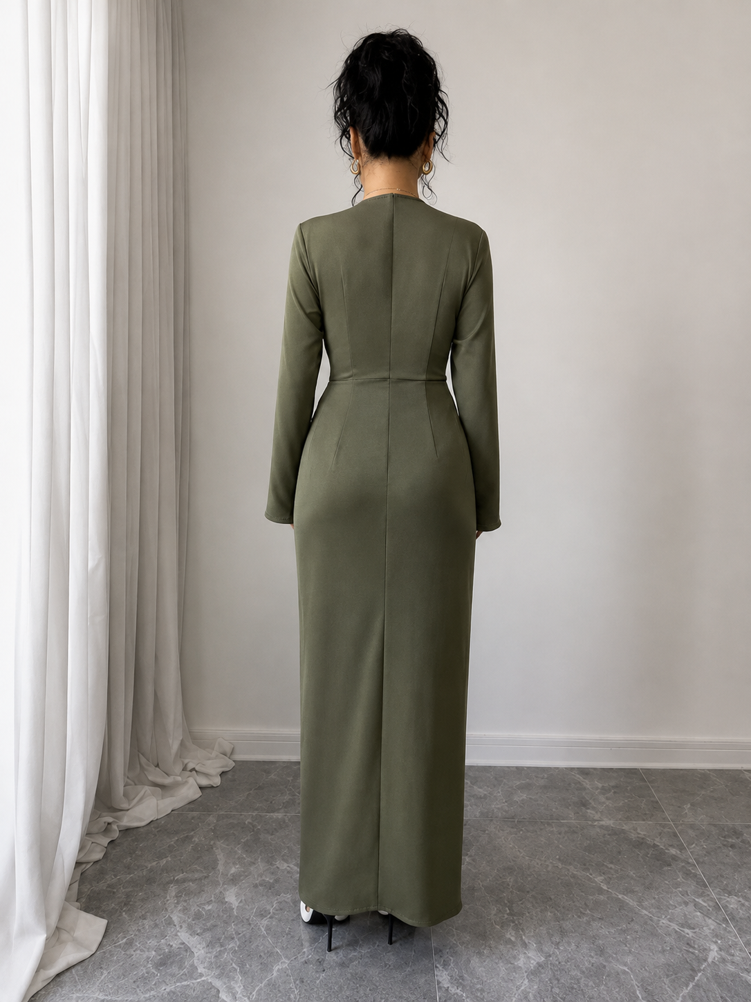Olive V-Neck Long Sleeve Dress