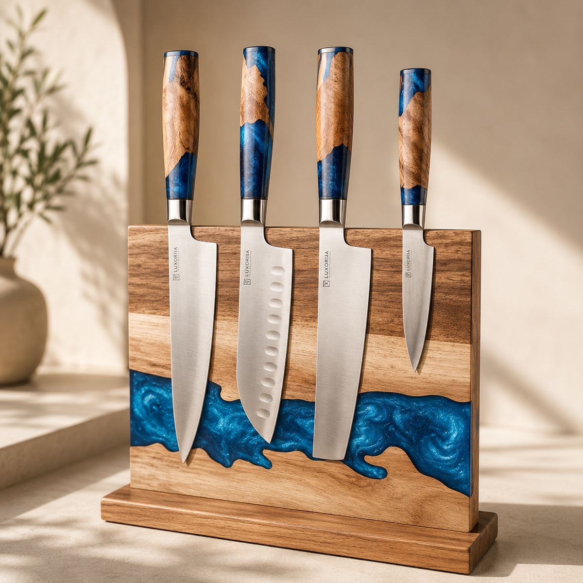 Acacia Resin Magnetic Knife Stand with blue resin river holding three knives